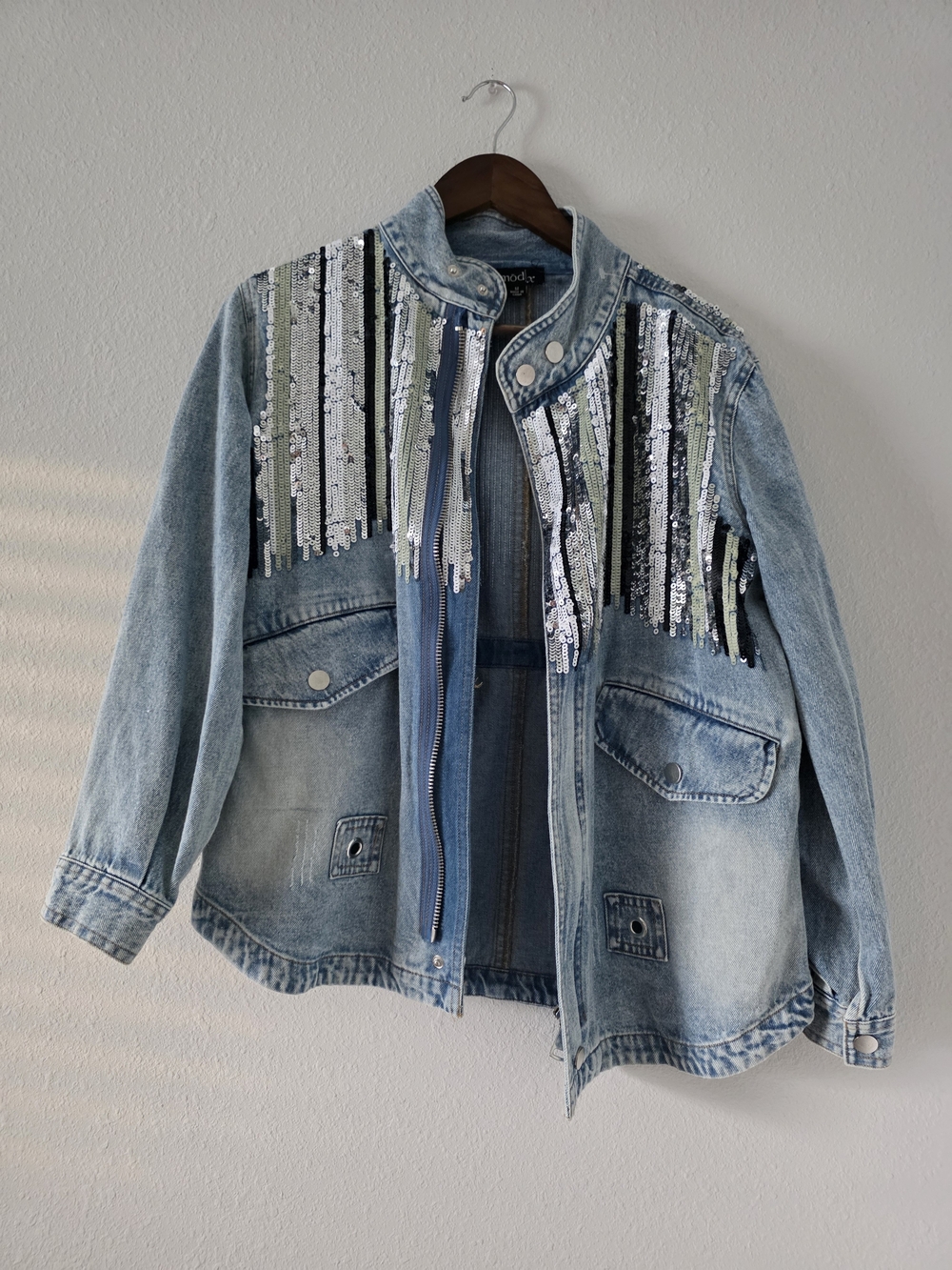 modl x Sequin Denim Jacket in Blue Size Medium